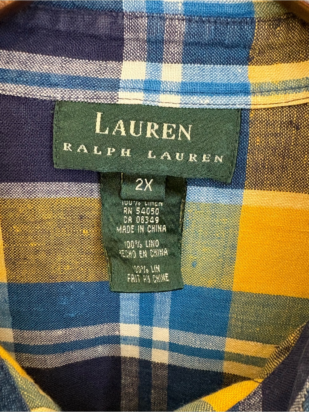 Lauren Ralph Lauren 100% Linen Yellow,Navy,Blue Plaid Women Button-Down Shirt 2X - Picture 2 of 4